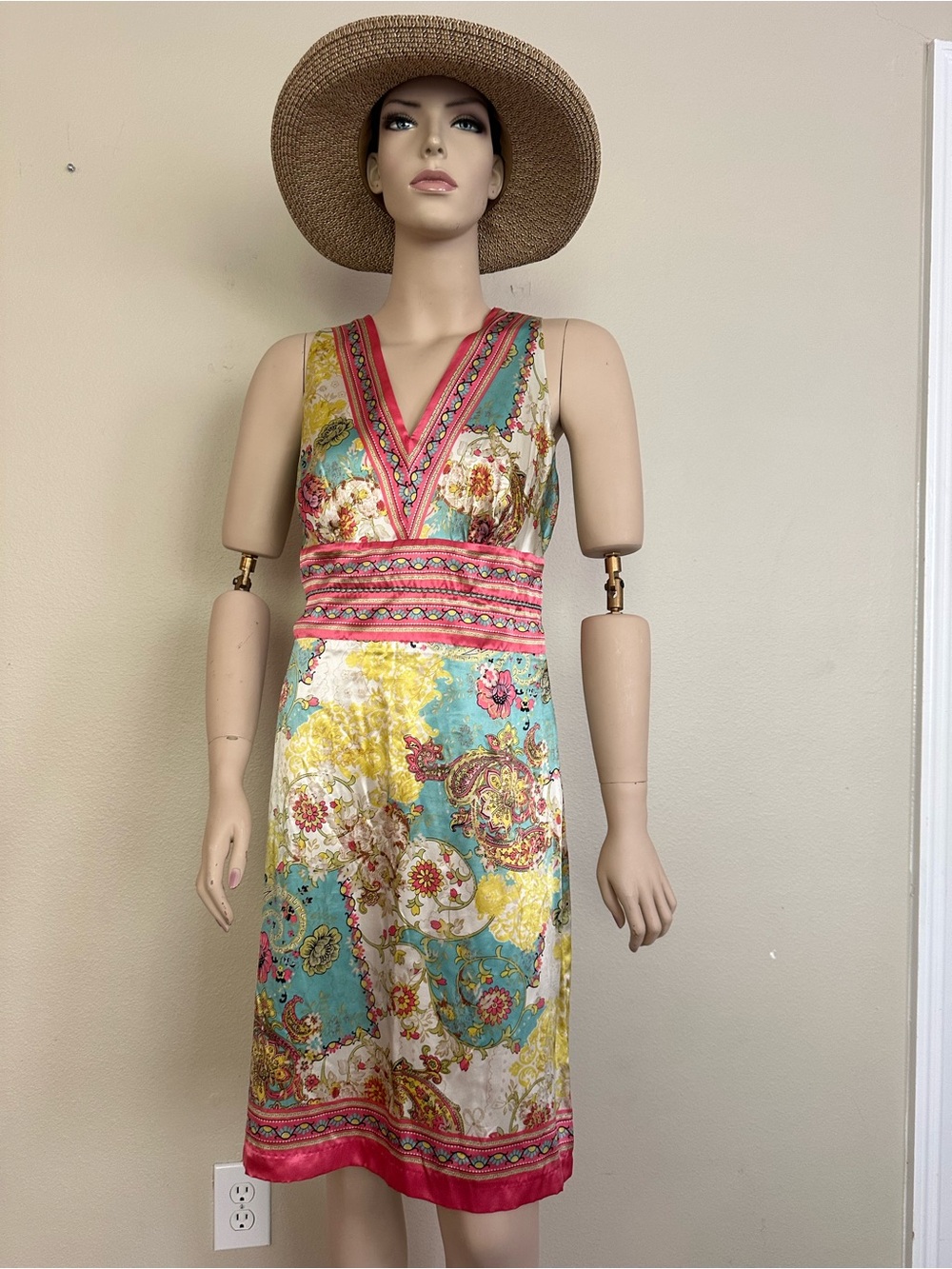 NWT Nicole by Nicole Miller Silk Paisley Floral Midi Dress Teal Pink Size 12